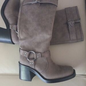 H&M Taupe Brown Mid-Calf Heeled Moto Riding Boots with Buckle Detail Size 37